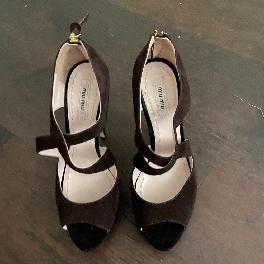 Lightly worn brown and black suede Miu Miu heels